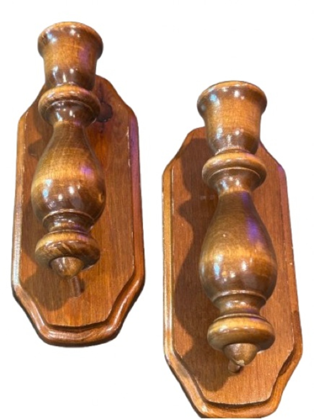 Vintage 70s 80s Colonial Style Wall Sconces Turned Wood Farmhouse Candle Holders